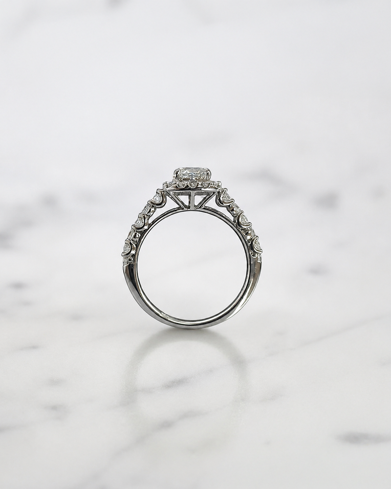 1ct round halo lab grown diamond engagement ring with fancy diamond set shoulders, 1.75ct total diamonds, handcrafted in 9ct white or yellow gold.