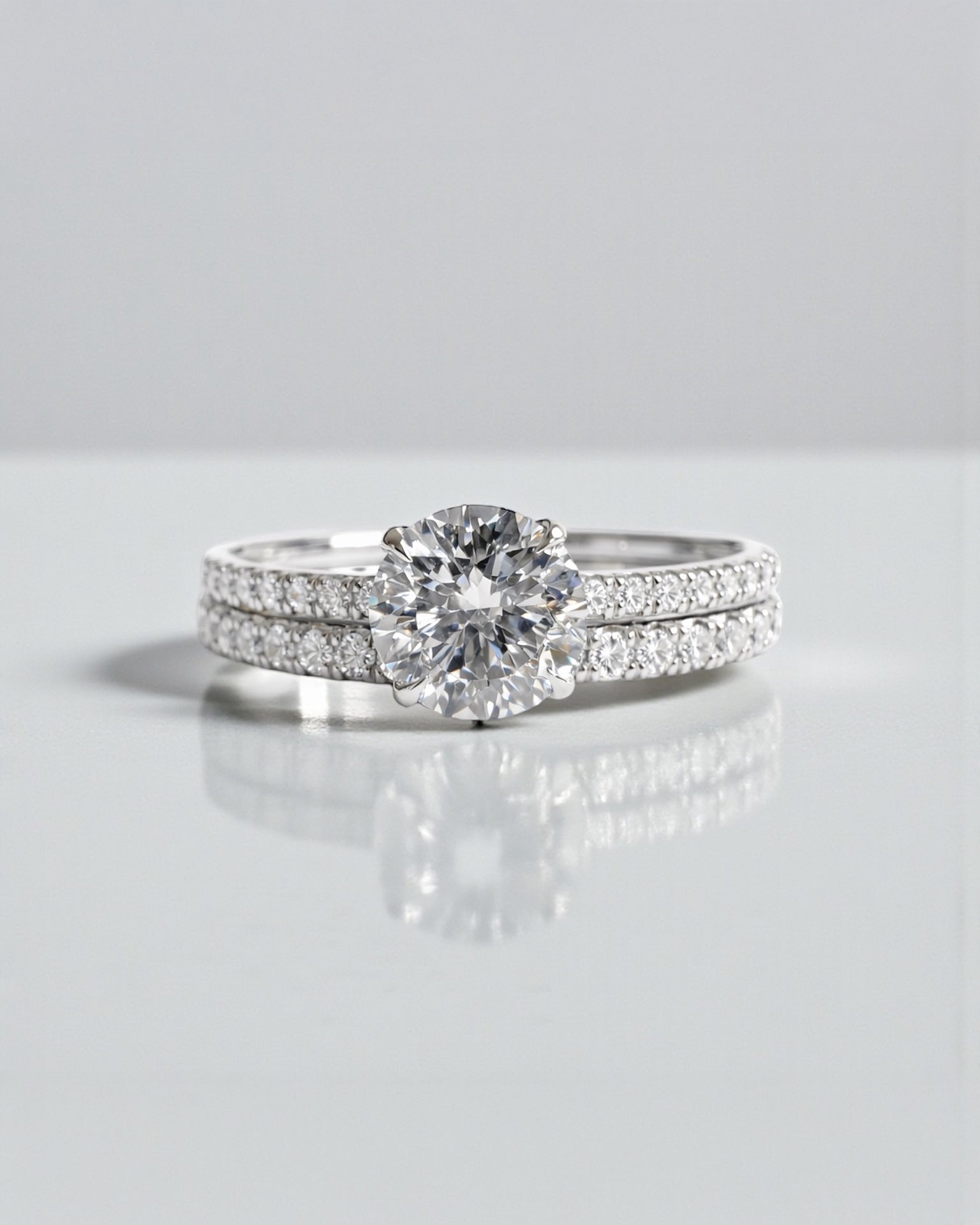 1ct round brilliant lab grown diamond engagement ring paired with matching diamond eternity band, bridal set 