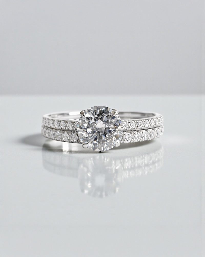 1ct round brilliant lab grown diamond engagement ring paired with matching diamond eternity band, bridal set 