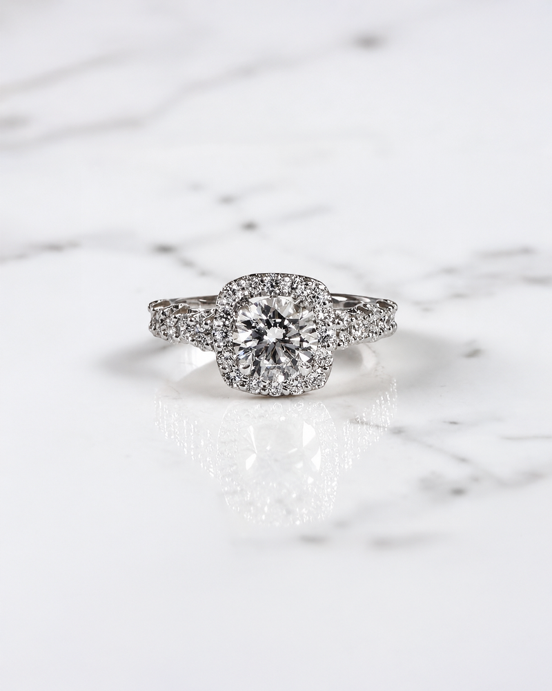 1ct round halo lab grown diamond engagement ring with fancy diamond set shoulders, 1.75ct total diamonds, handcrafted in 9ct white or yellow gold.