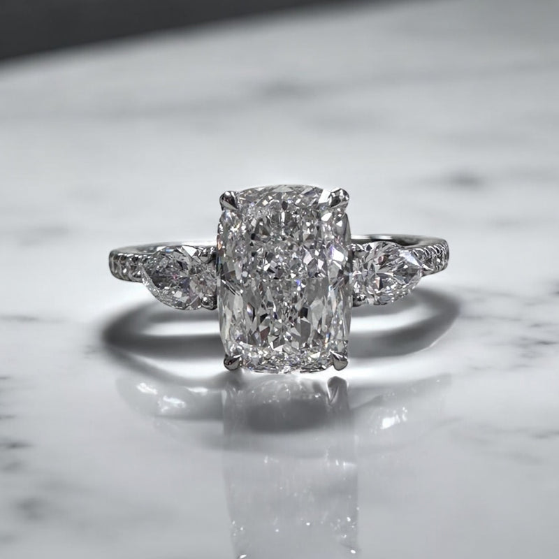 2.50ct Cushion Pear Trilogy Lab Grown Diamond Engagement Rings.
