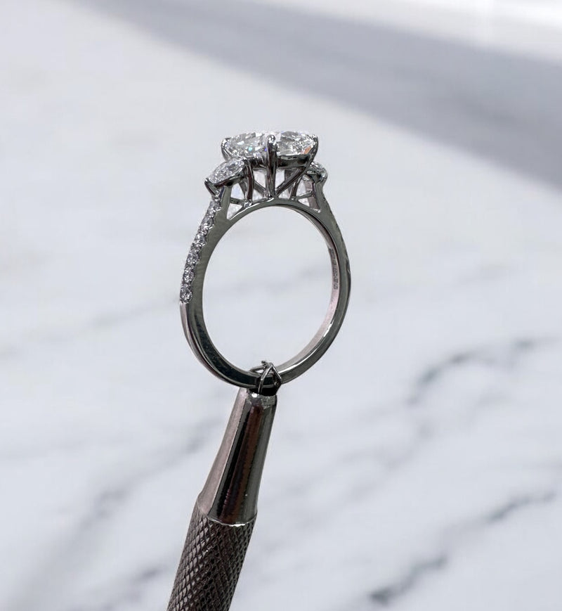 2.50ct Cushion Pear Trilogy Lab Grown Diamond Engagement Rings.