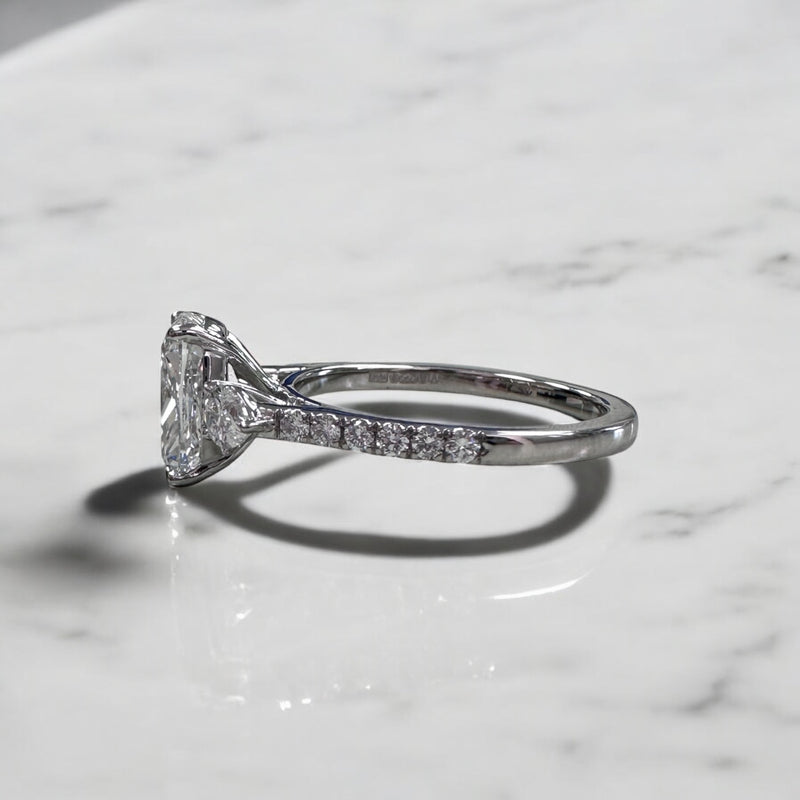 2.50ct Cushion Pear Trilogy Lab Grown Diamond Engagement Rings.