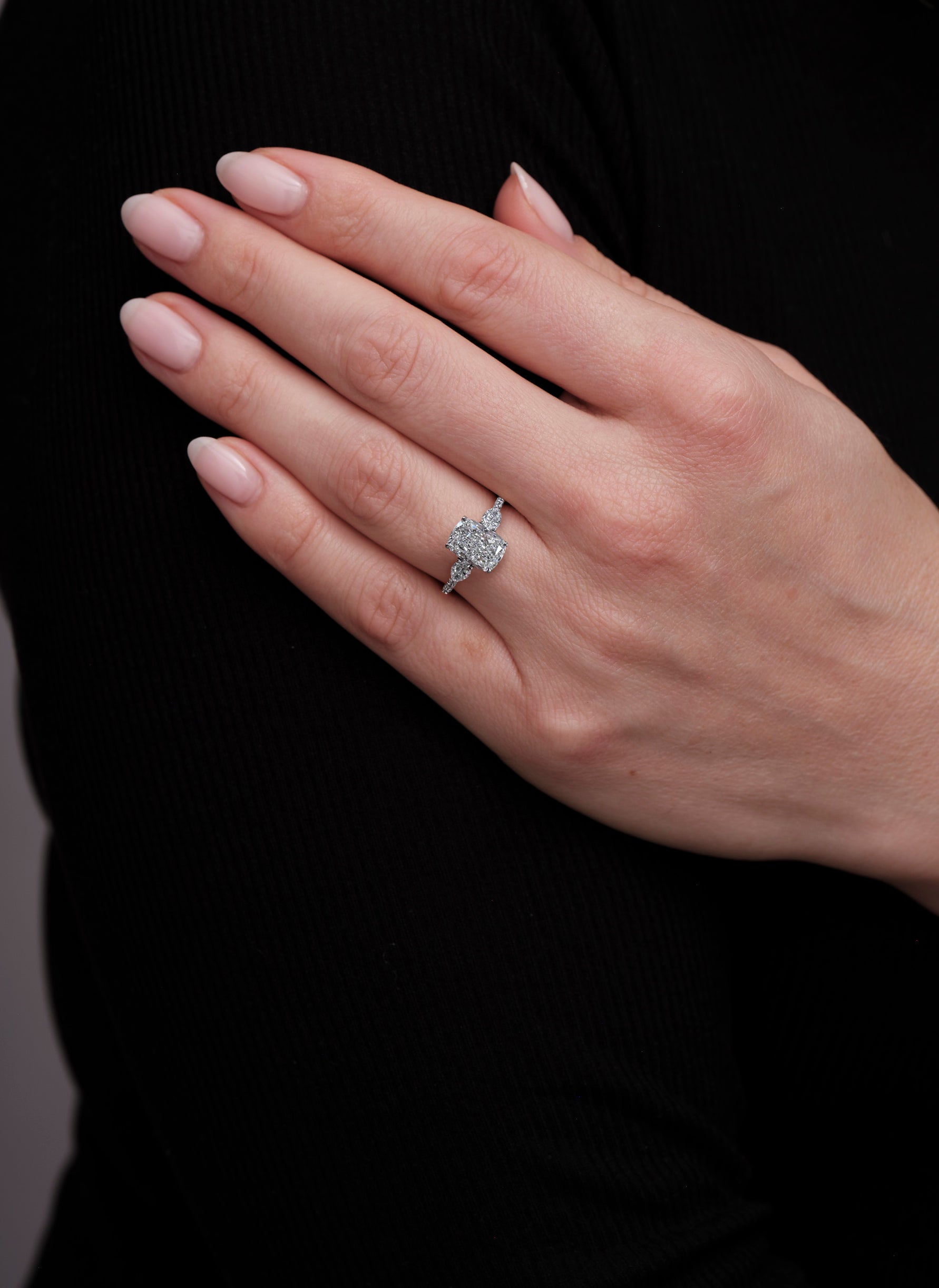 2.50ct Cushion Pear Trilogy Lab Grown Diamond Engagement Rings.