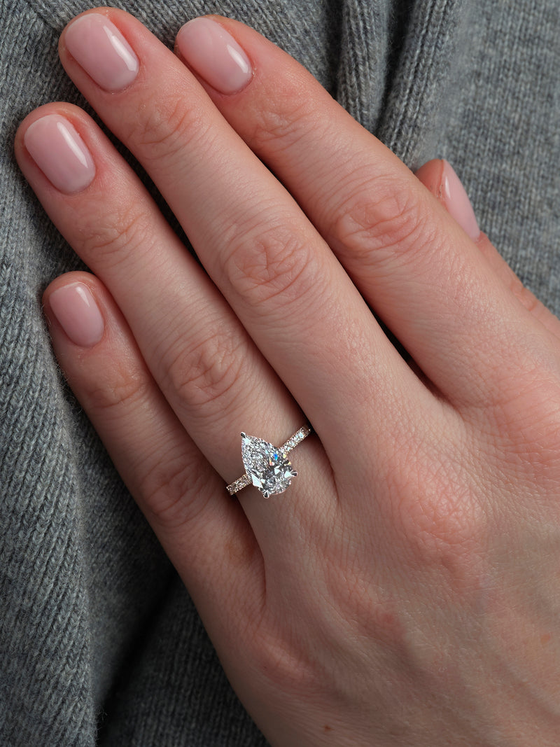 2ct Pear Cathedral French Pave Lab Grown Diamond Engagement Rings.