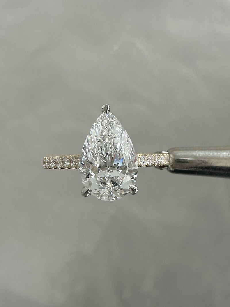 2ct Pear Cathedral French Pave Lab Grown Diamond Engagement Rings.