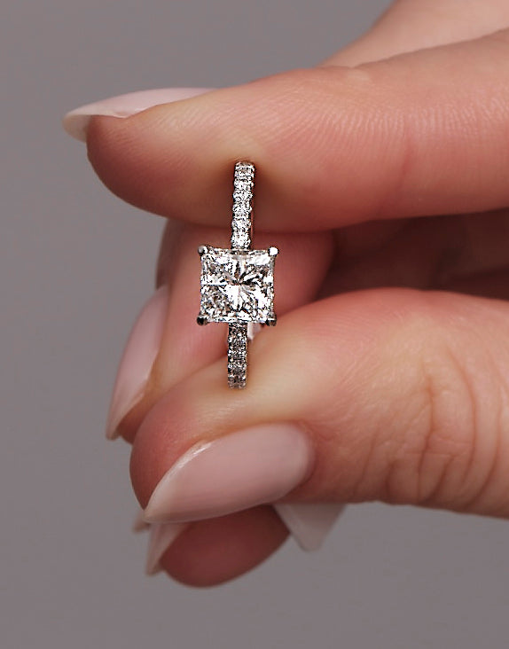 1.50ct Princess Cut Hidden Halo Lab Grown Diamond Engagement Rings.