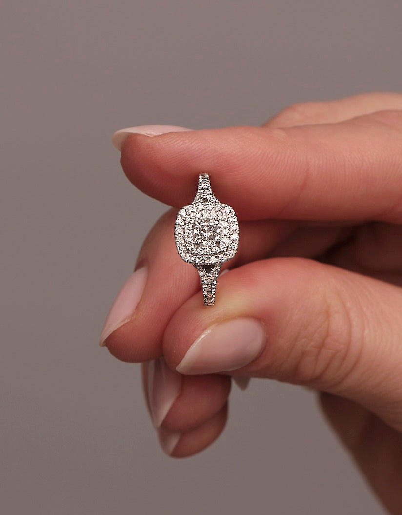 0.35ct Cushion Split Shoulder Halo Lab Grown Diamond Engagement Rings.
