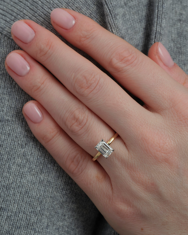 2ct Emerald Cut Hidden Halo Solitare lab grown diamond rings.