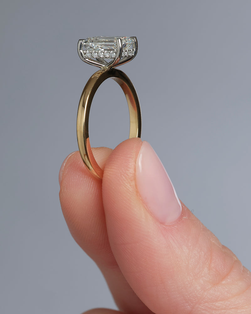 2ct Emerald Cut Hidden Halo Solitare lab grown diamond rings.