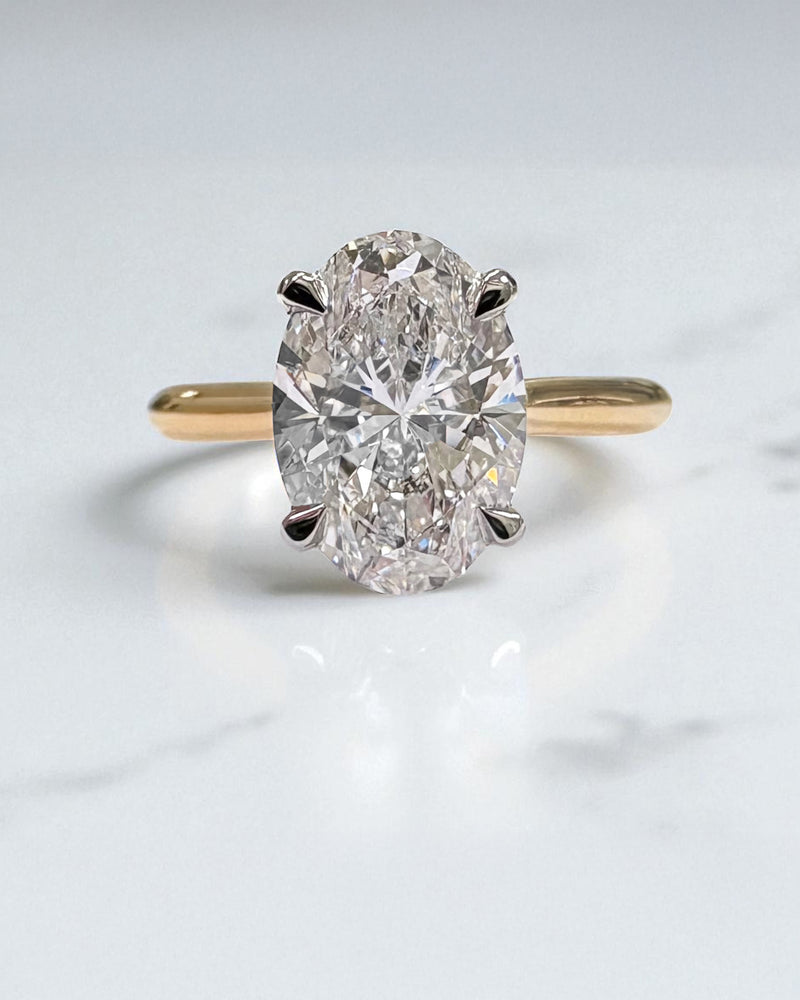 2ct lab grown oval cut diamond engagement ring cathedral plain band two tone yellow gold