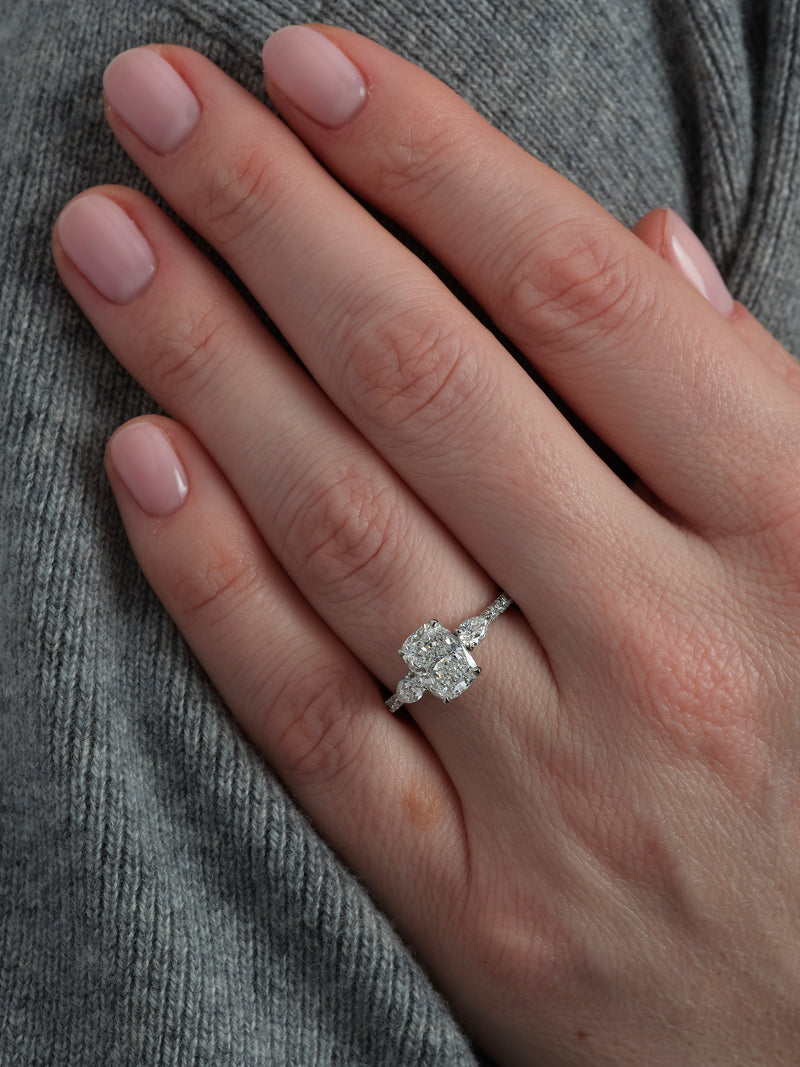 2ct Elongated Cushion & Pear Trilogy Lab Grown Diamond Engagement Rings.