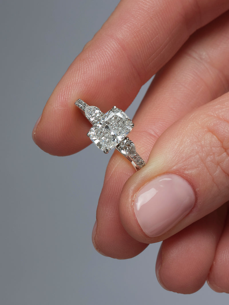 2ct Elongated Cushion & Pear Trilogy Lab Grown Diamond Engagement Rings.