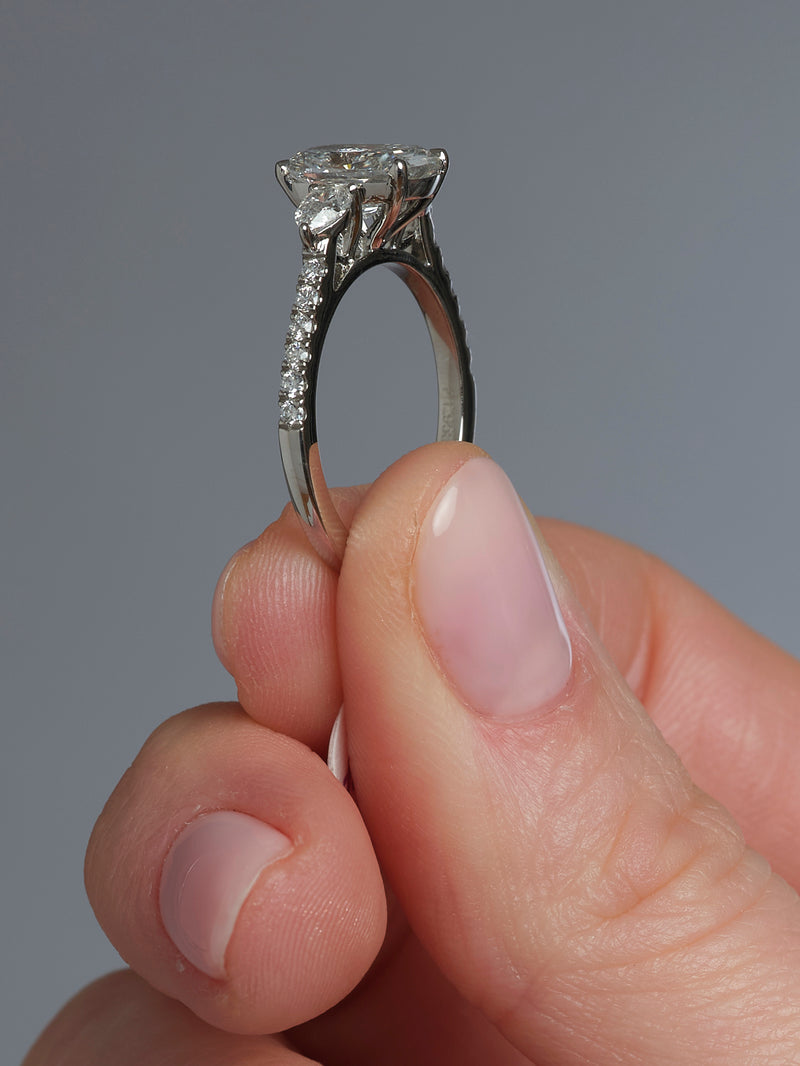 2ct Elongated Cushion & Pear Trilogy Lab Grown Diamond Engagement Rings.