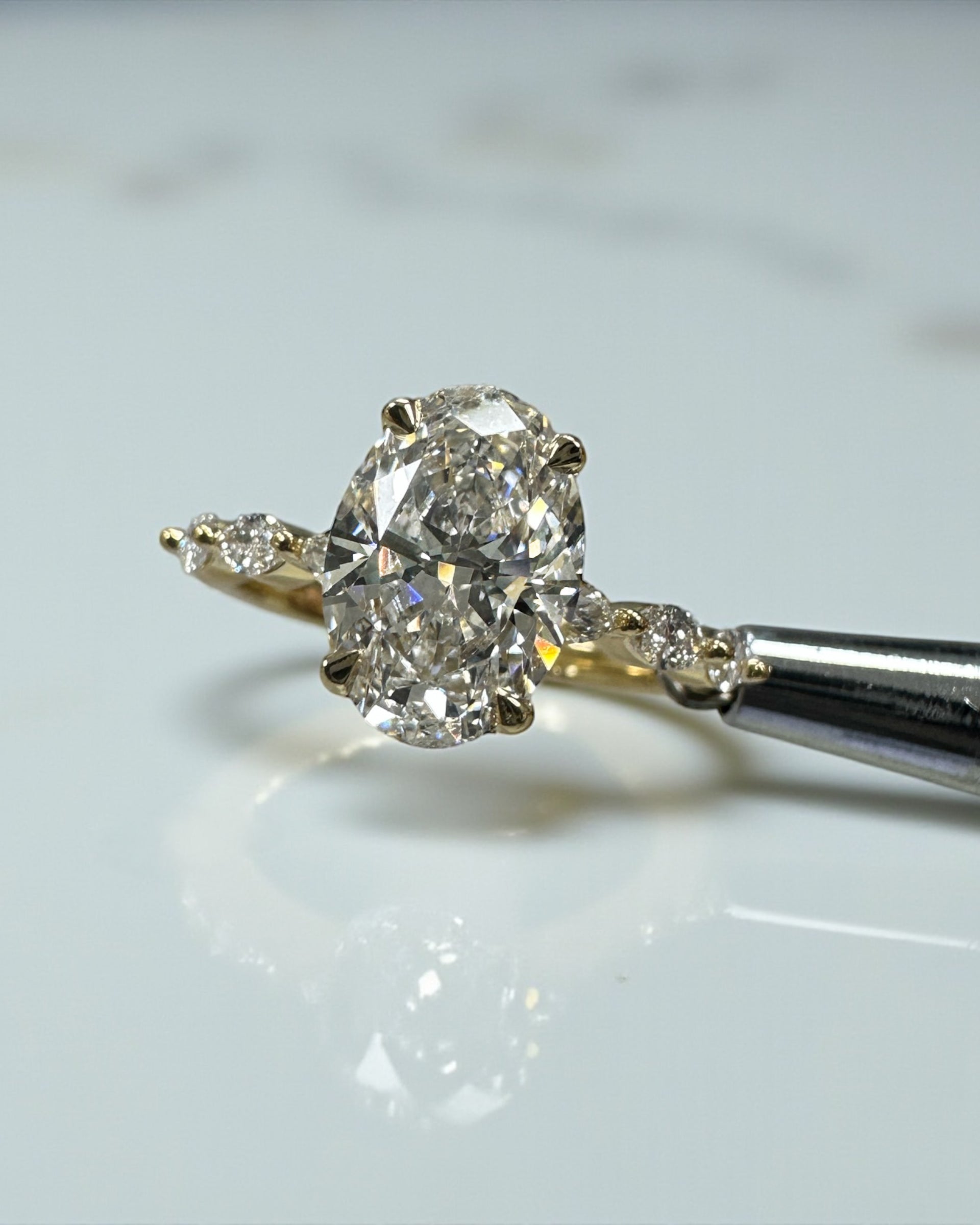 2ct Oval Cut Lab Grown Diamond Engagement Ring with Marquise Cut Diamond Band & floating Head, 18kt yellow gold 