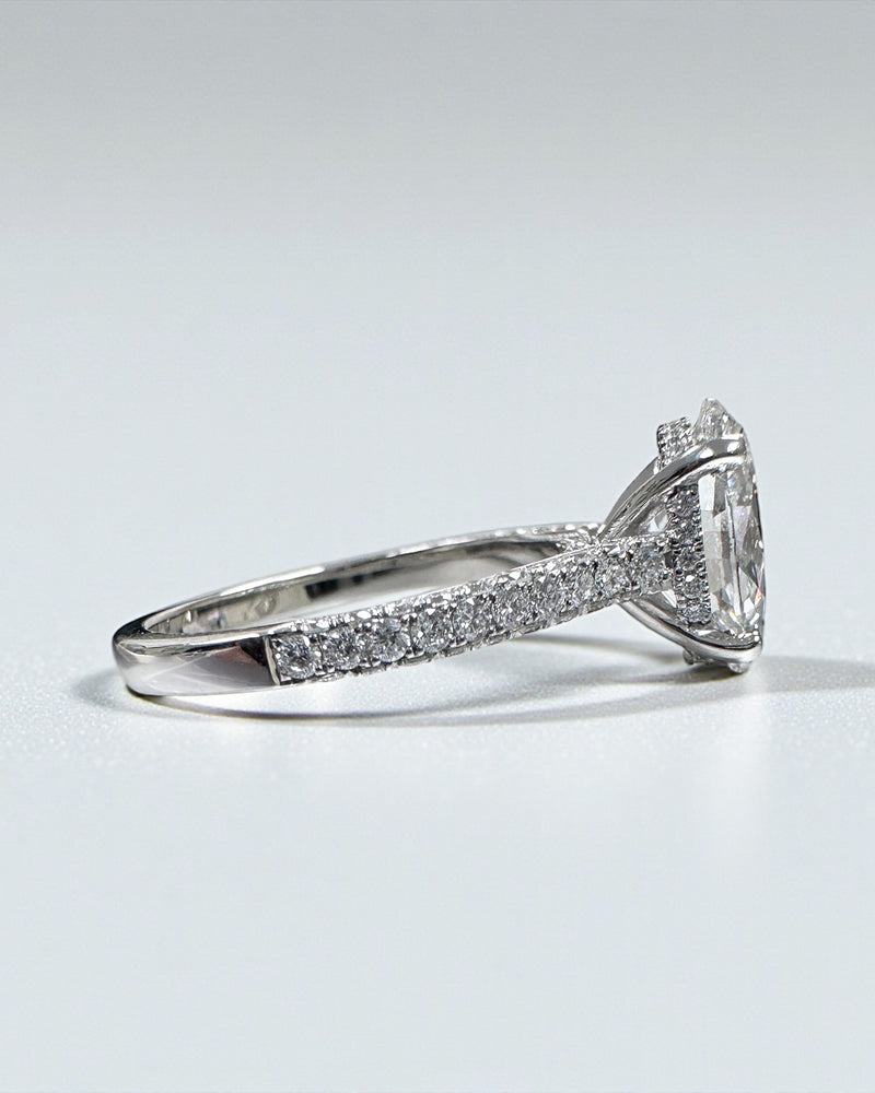 2ct oval cut lab grown diamond set in a cathedral 3d diamond band engagement ring, platinum 18kt gold, hidden halo, made in London, Layla Diamonds