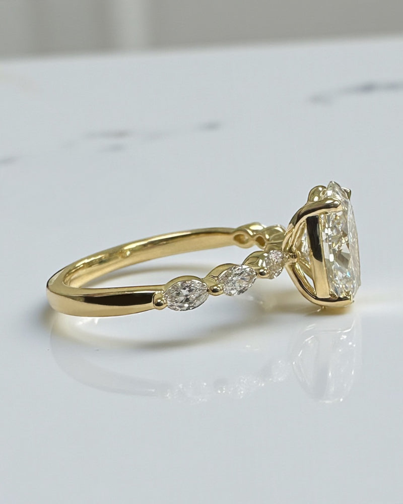 2ct Oval Cut Lab Grown Diamond Engagement Ring with Marquise Cut Diamond Band & floating Head, 18kt yellow gold 