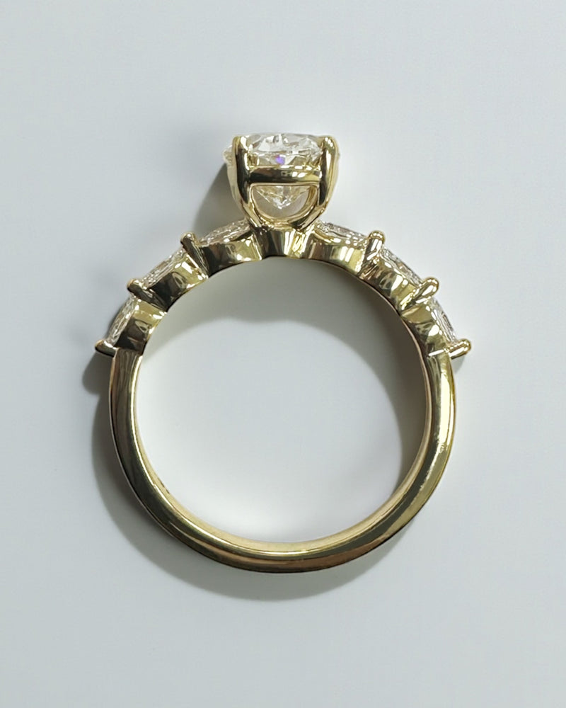 2ct Oval Cut Lab Grown Diamond Engagement Ring with Marquise Cut Diamond Band & floating Head, 18kt yellow gold 