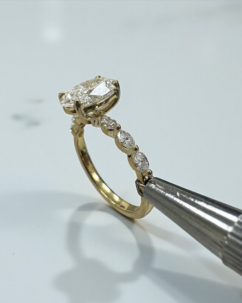 2ct Oval Cut Lab Grown Diamond Engagement Ring with Marquise Cut Diamond Band & floating Head, 18kt yellow gold 