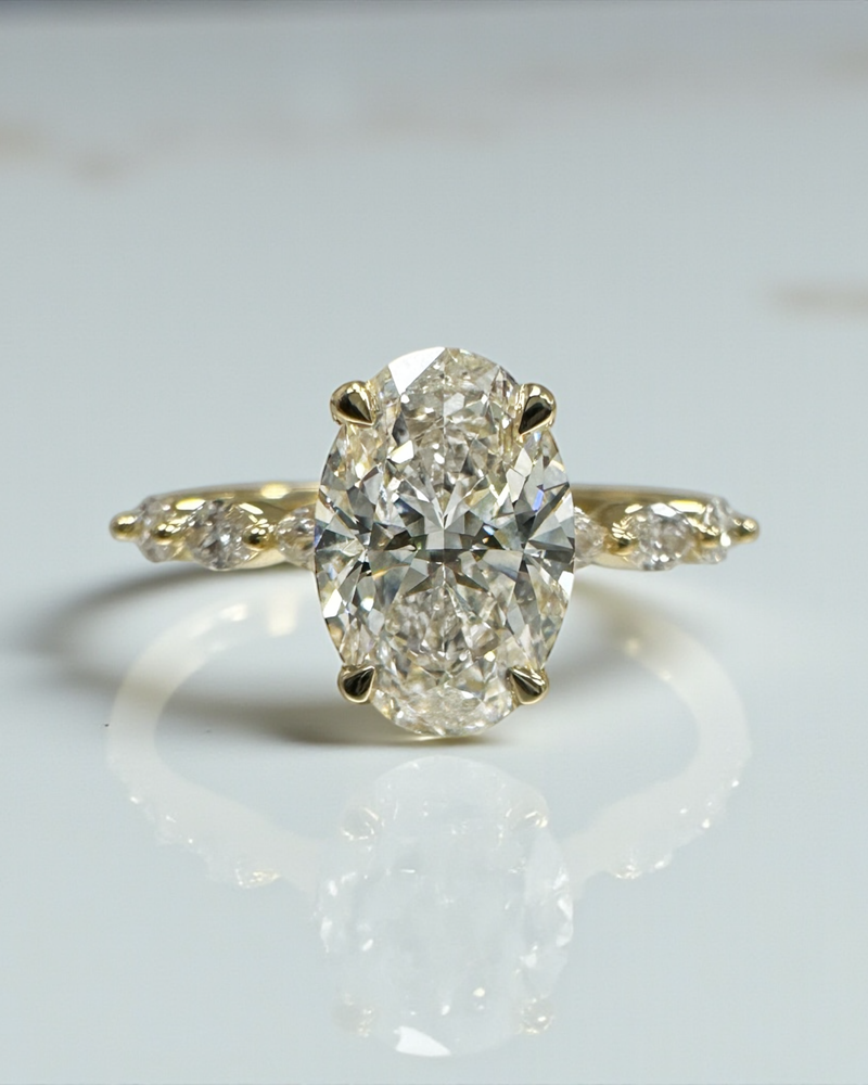 2ct Oval Cut Lab Grown Diamond Engagement Ring with Marquise Cut Diamond Band & floating Head, 18kt yellow gold 