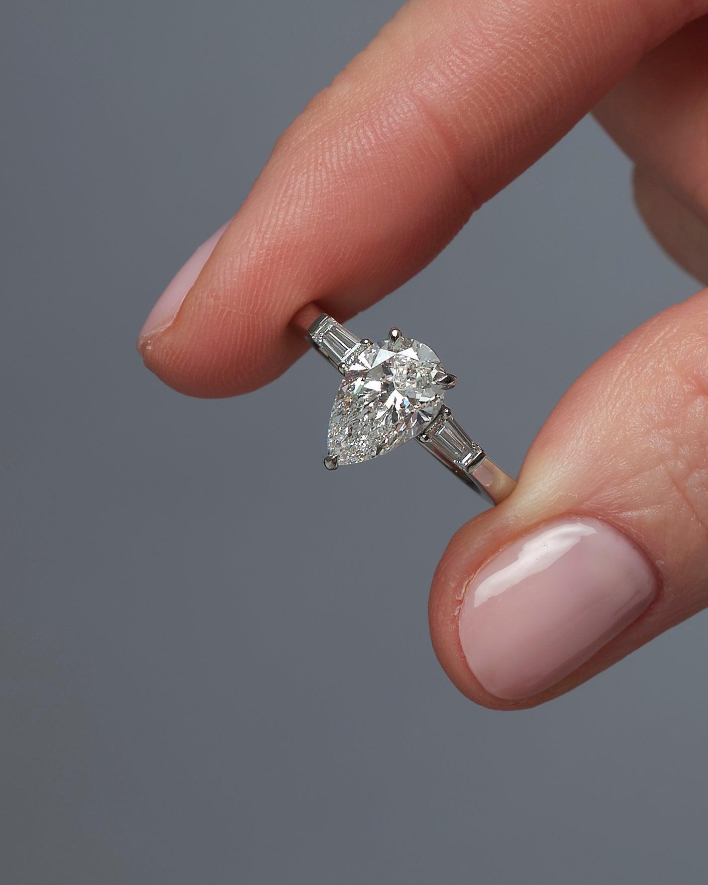 2ct Pear Cut Lab Grown Diamond Ring with Tapered Baguettes