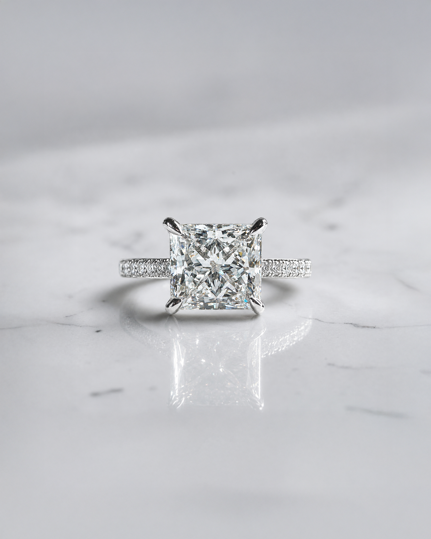 2ct princess cut diamond engagement ring with open diamond prongs and pavé band, 2.34ct total, white gold, handcrafted in London