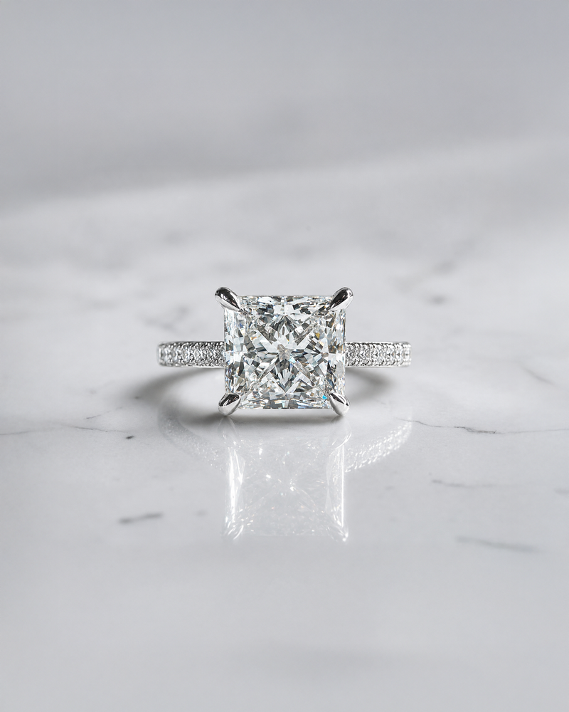 2ct princess cut diamond engagement ring with open diamond prongs and pavé band, 2.34ct total, white gold, handcrafted in London