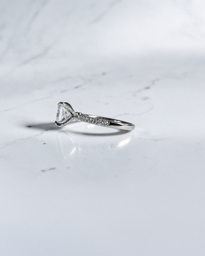 2ct princess cut diamond engagement ring with open diamond prongs and pavé band, 2.34ct total, white gold, handcrafted in London