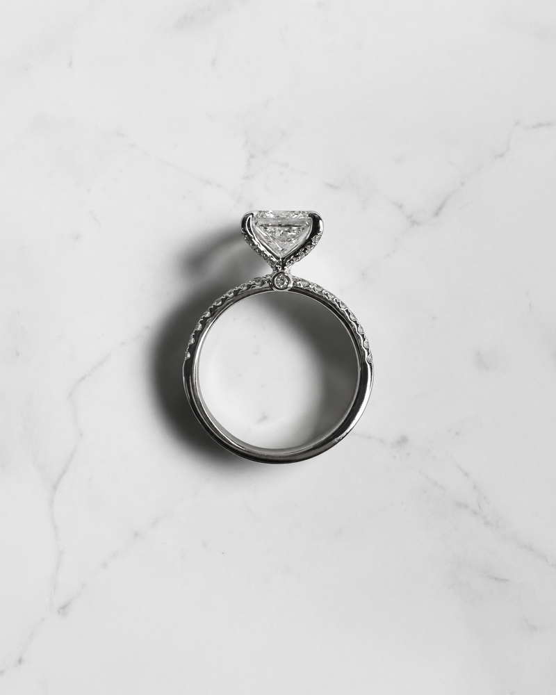 2ct princess cut diamond engagement ring with open diamond prongs and pavé band, 2.34ct total, white gold, handcrafted in London