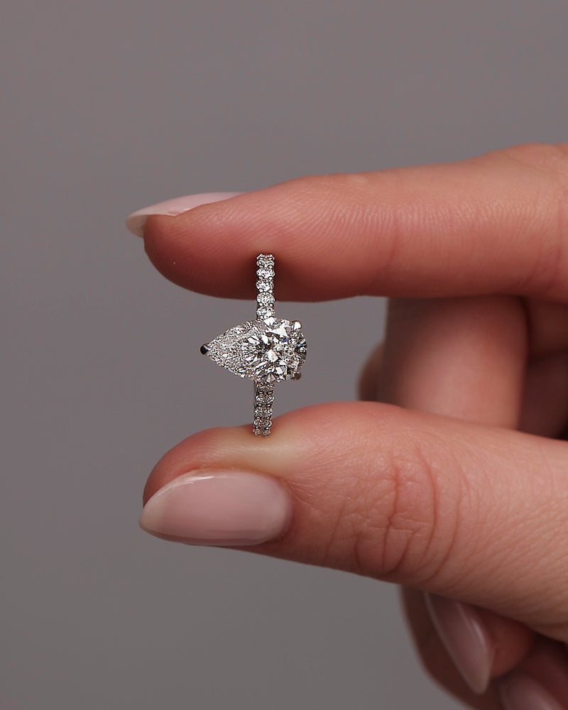 2ct Pear Hidden Halo Cathedral U prong Lab Grown Diamond Engagement Rings.