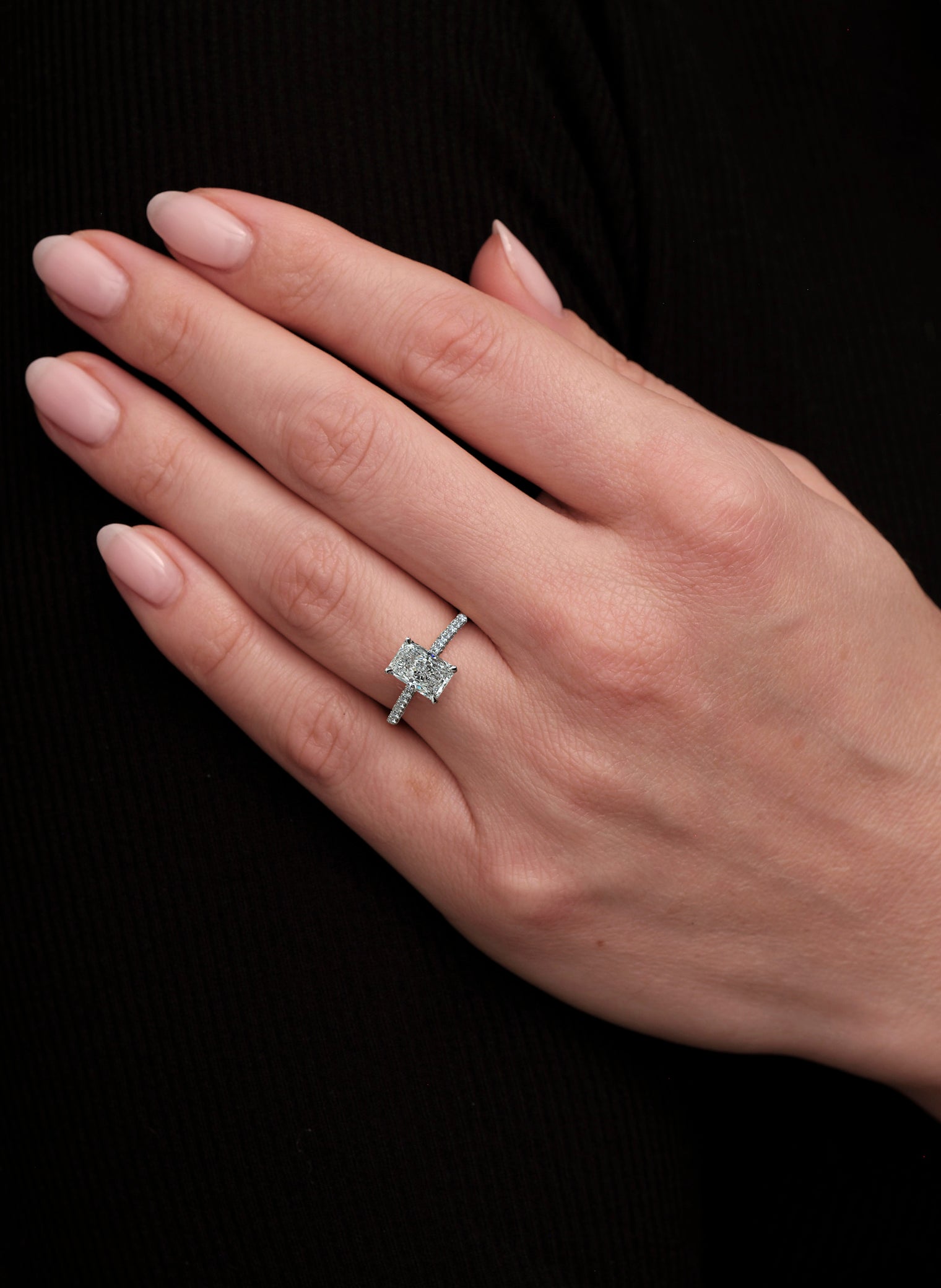 2ct radiant hidden halo 3d setting lab grown diamond engagement ring on hand