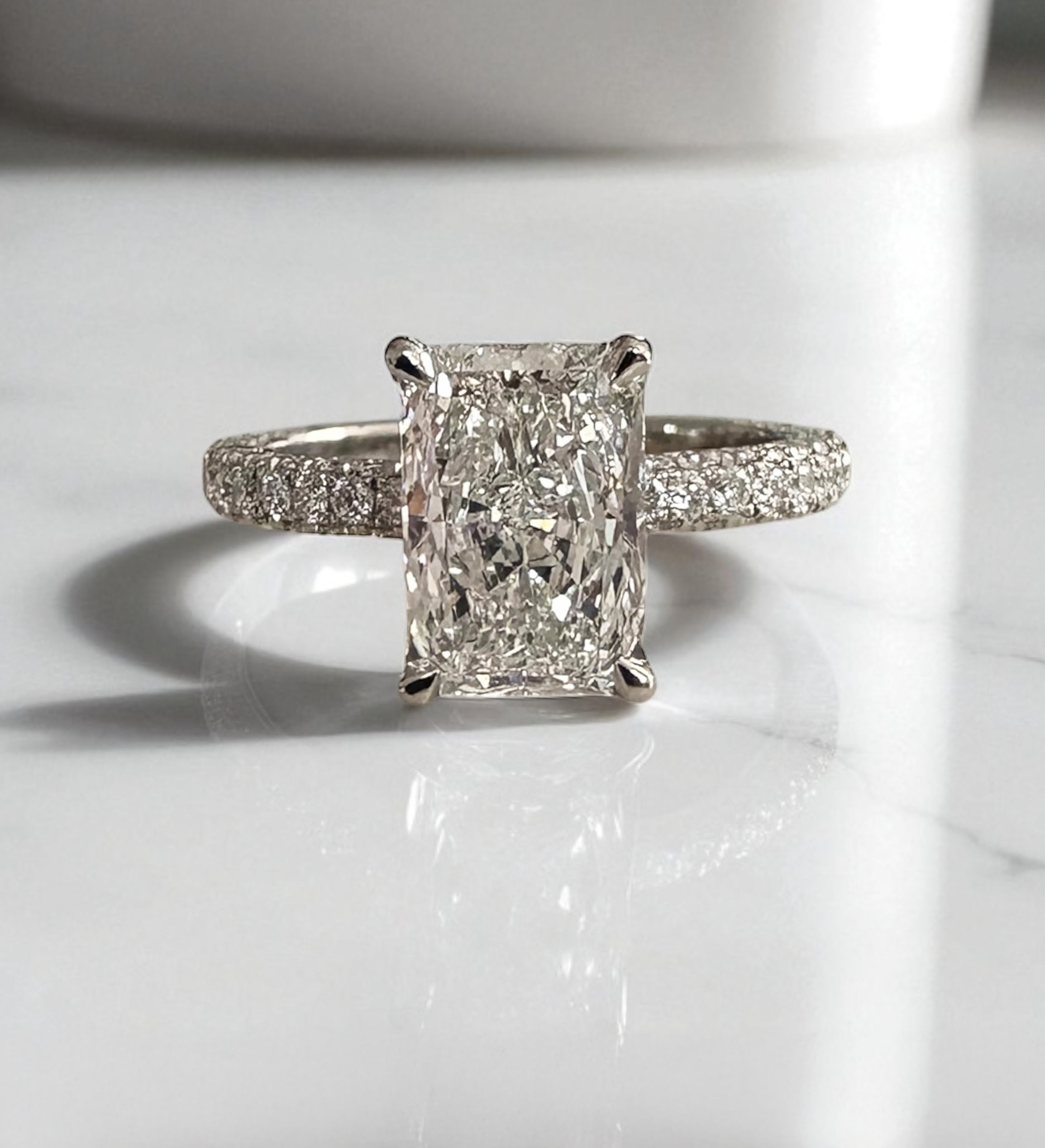 2ct radiant hidden halo 3d setting lab grown diamond engagement ring on hand
