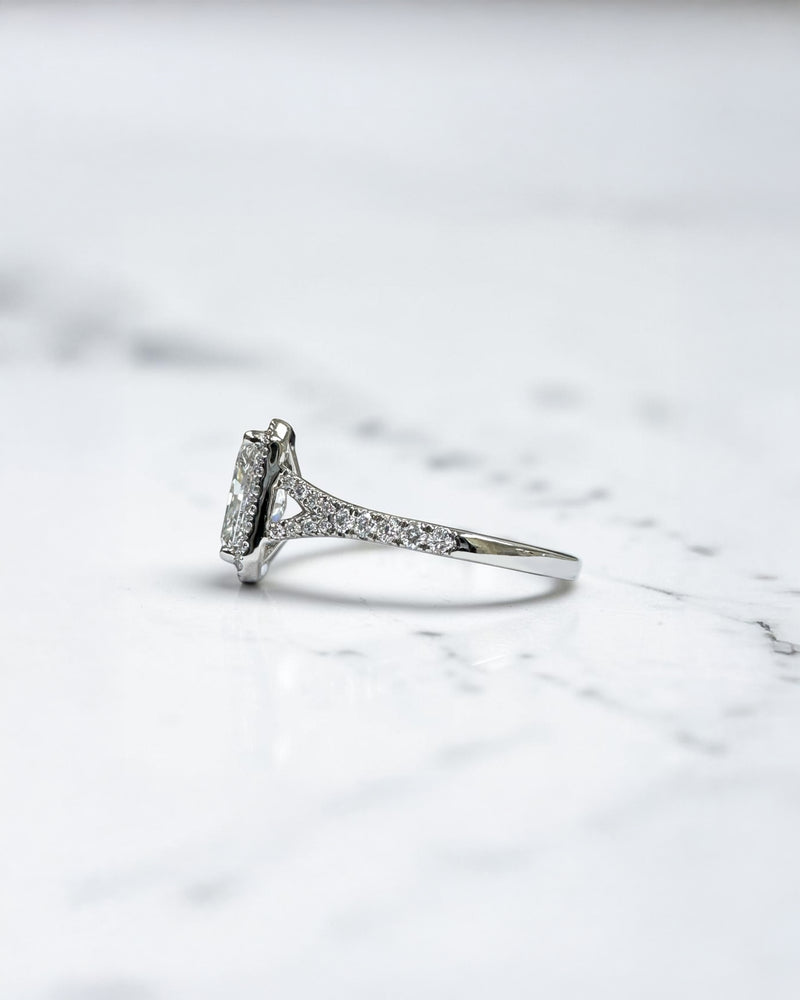 2ct radiant cut lab grown diamond halo engagement ring with diamond split shank band, approximately 2.42ct total diamond weight, handcrafted in platinum or 18kt gold by Layla Diamonds.