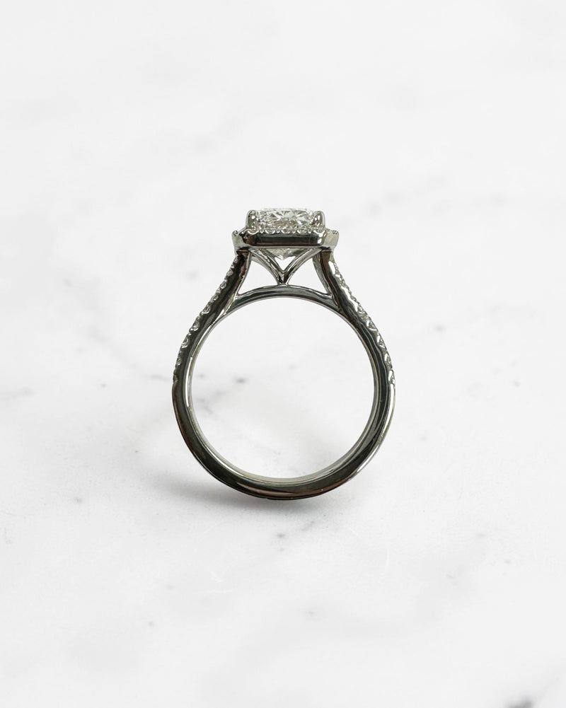 2ct radiant cut lab grown diamond halo engagement ring with diamond split shank band, approximately 2.42ct total diamond weight, handcrafted in platinum or 18kt gold by Layla Diamonds.