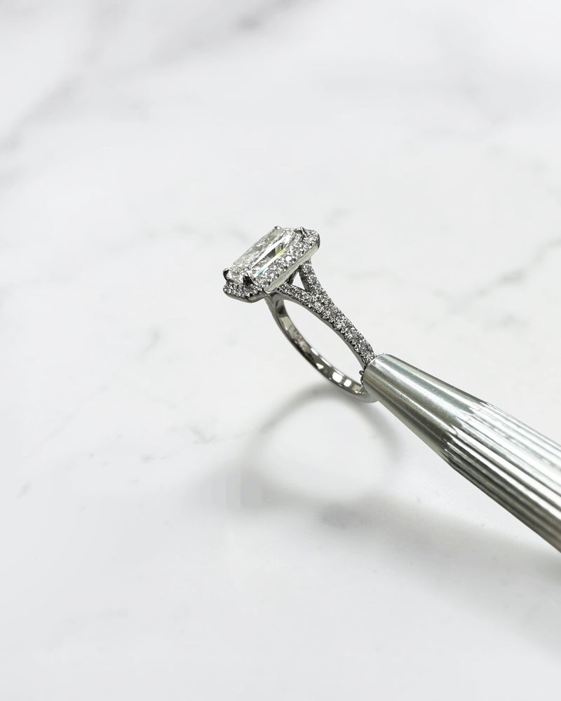2ct radiant cut lab grown diamond halo engagement ring with diamond split shank band, approximately 2.42ct total diamond weight, handcrafted in platinum or 18kt gold by Layla Diamonds.