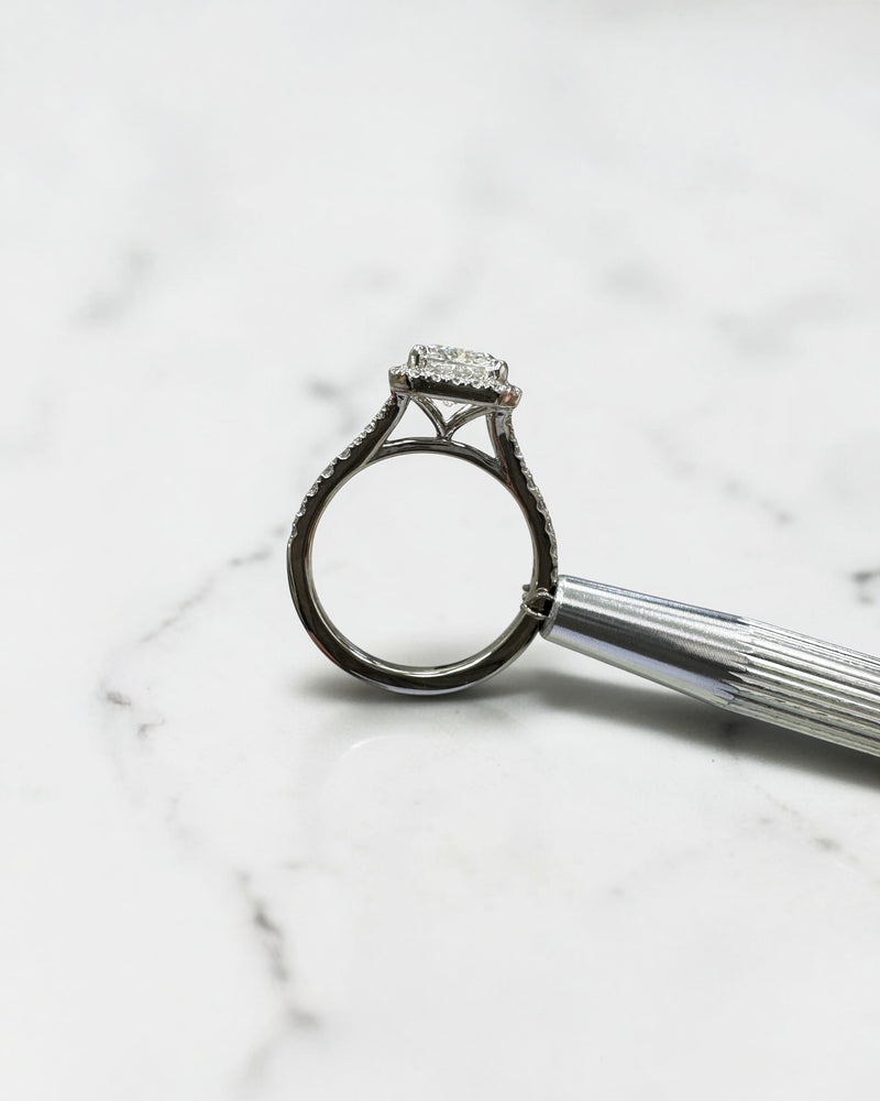 2ct radiant cut lab grown diamond halo engagement ring with diamond split shank band, approximately 2.42ct total diamond weight, handcrafted in platinum or 18kt gold by Layla Diamonds.