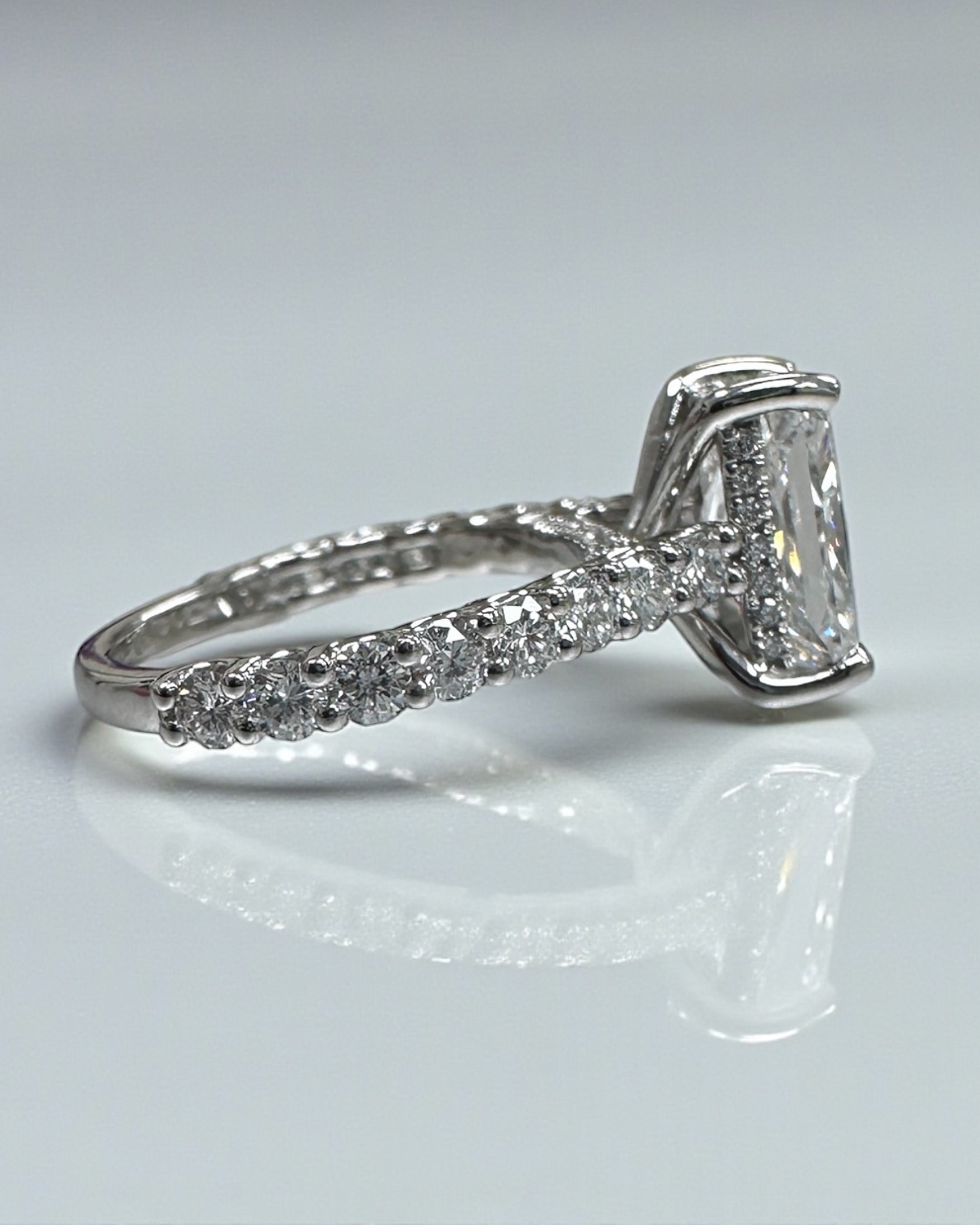 2ct radiant cut lab grown diamond u prong cathedral setting engagement ring in platinum or 18kt yellow gold, made in London, Layla Diamonds