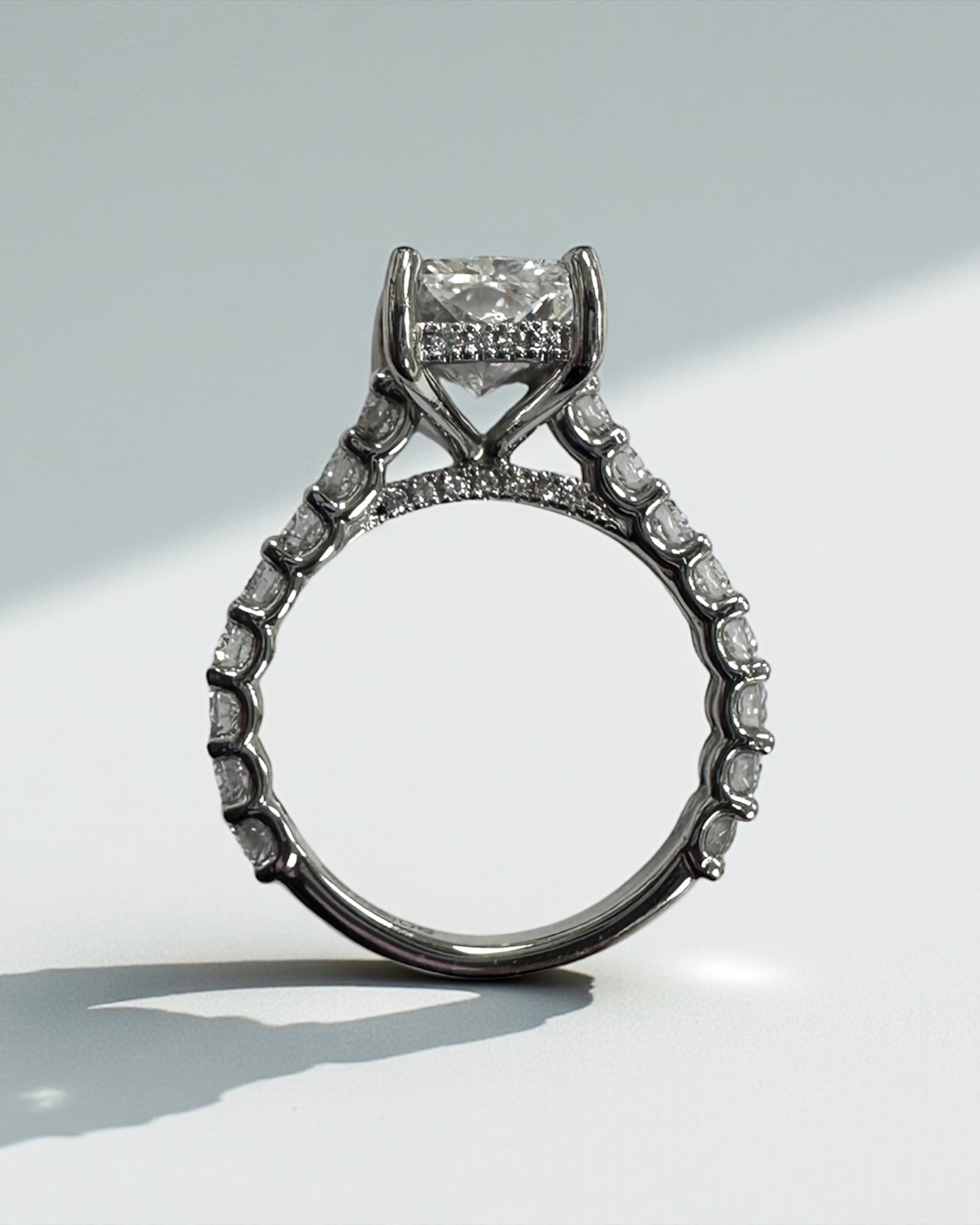 2ct radiant cut lab grown diamond u prong cathedral setting engagement ring in platinum or 18kt yellow gold, made in London, Layla Diamonds