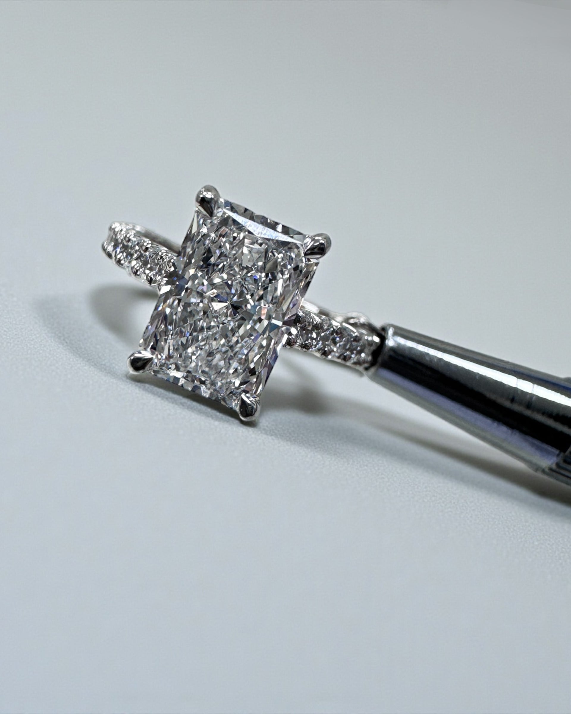 2ct radiant cut lab grown diamond u prong cathedral setting engagement ring in platinum or 18kt yellow gold, made in London, Layla Diamonds