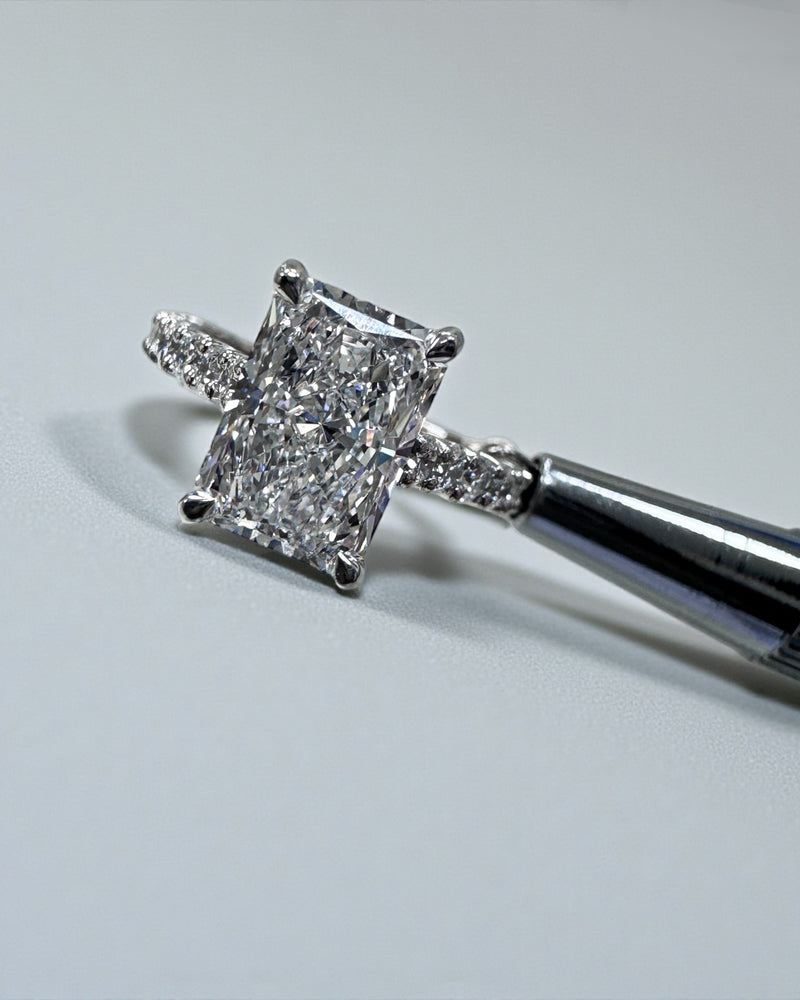 2ct radiant cut lab grown diamond u prong cathedral setting engagement ring in platinum or 18kt yellow gold, made in London, Layla Diamonds