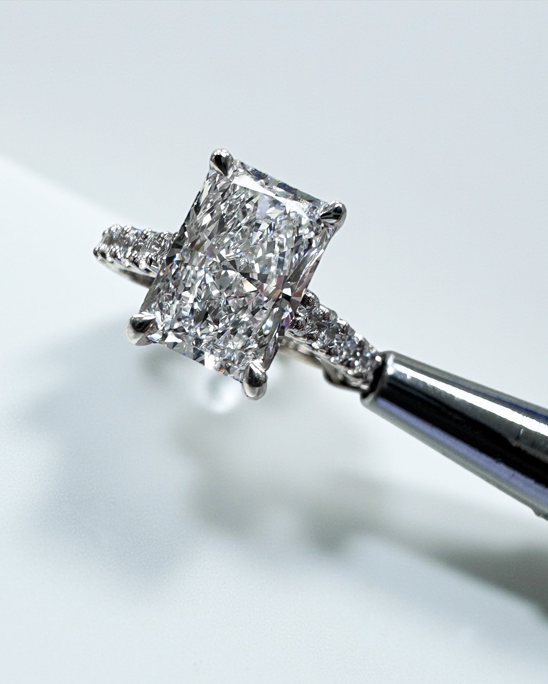 2ct radiant cut lab grown diamond u prong cathedral setting engagement ring in platinum or 18kt yellow gold, made in London, Layla Diamonds