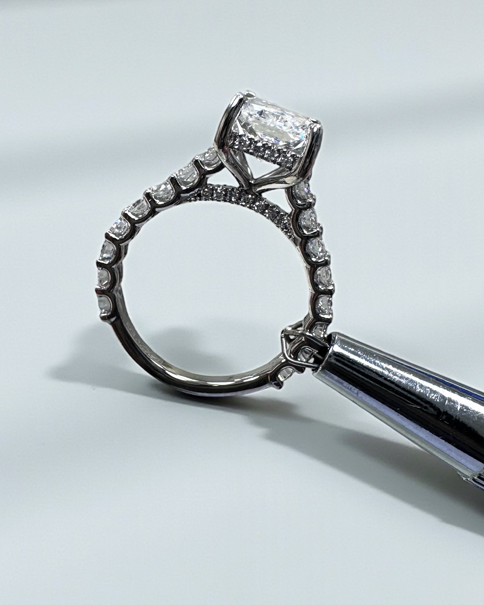 2ct radiant cut lab grown diamond u prong cathedral setting engagement ring in platinum or 18kt yellow gold, made in London, Layla Diamonds