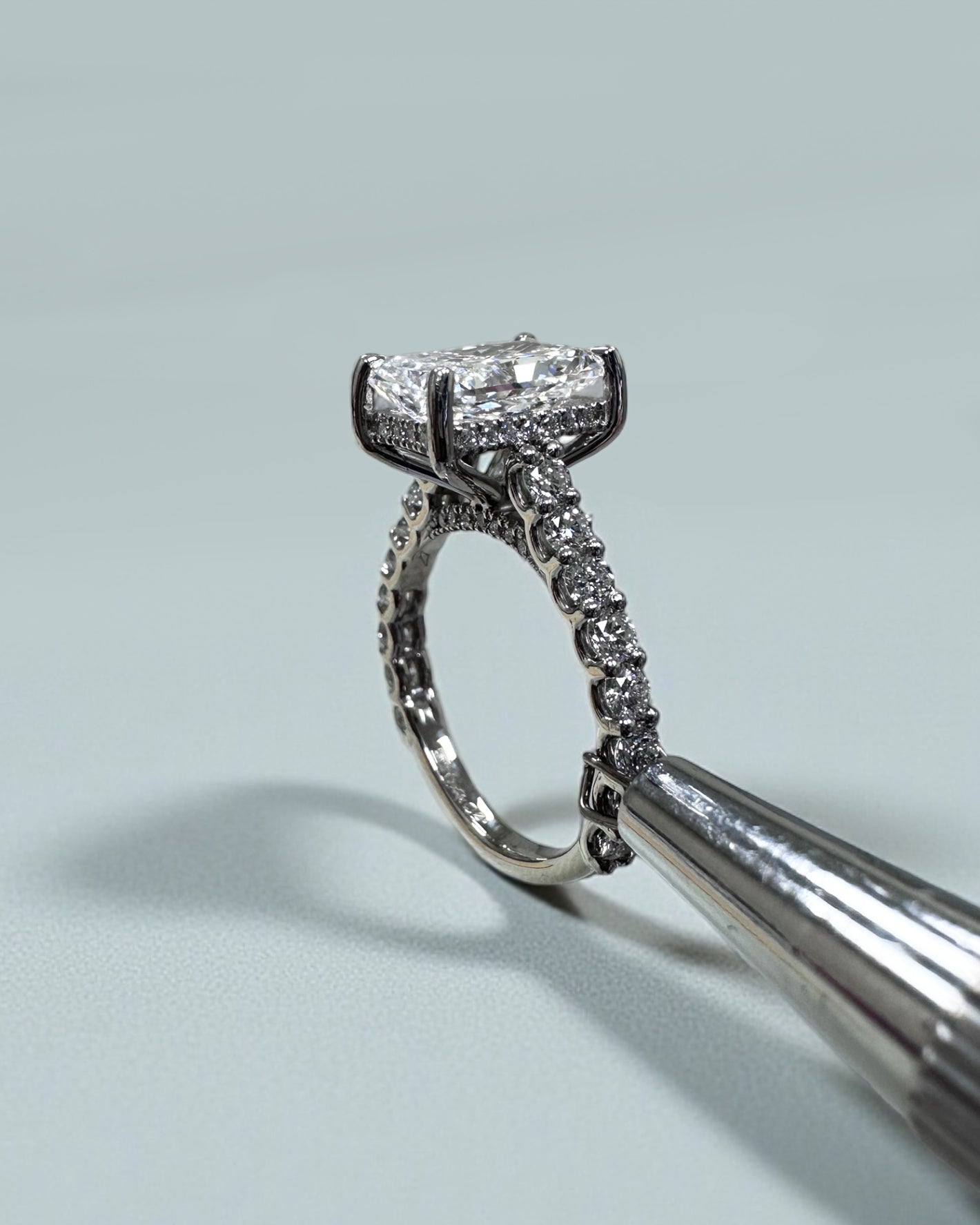 2ct radiant cut lab grown diamond u prong cathedral setting engagement ring in platinum or 18kt yellow gold, made in London, Layla Diamonds