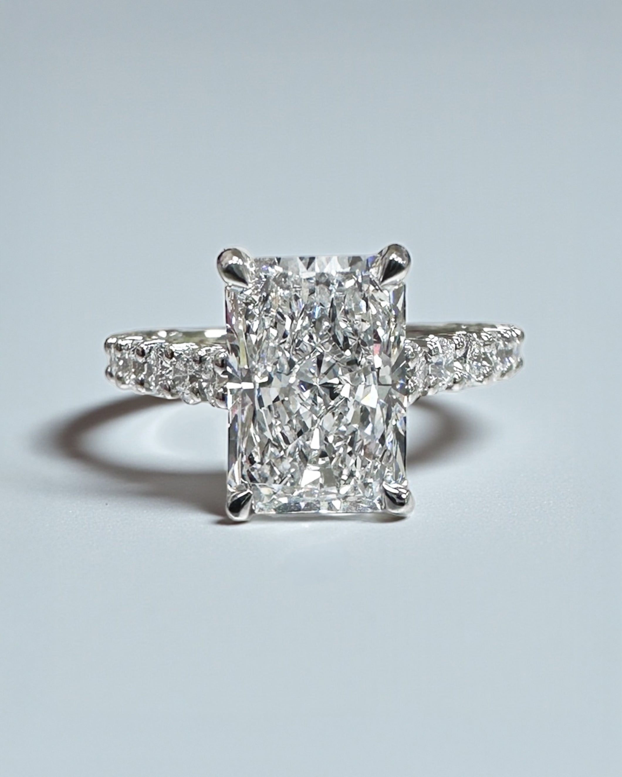 2ct radiant cut lab grown diamond u prong cathedral setting engagement ring in platinum or 18kt yellow gold, made in London, Layla Diamonds