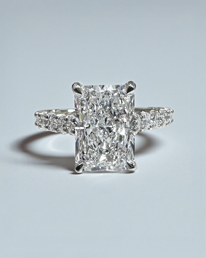 2ct radiant cut lab grown diamond u prong cathedral setting engagement ring in platinum or 18kt yellow gold, made in London, Layla Diamonds