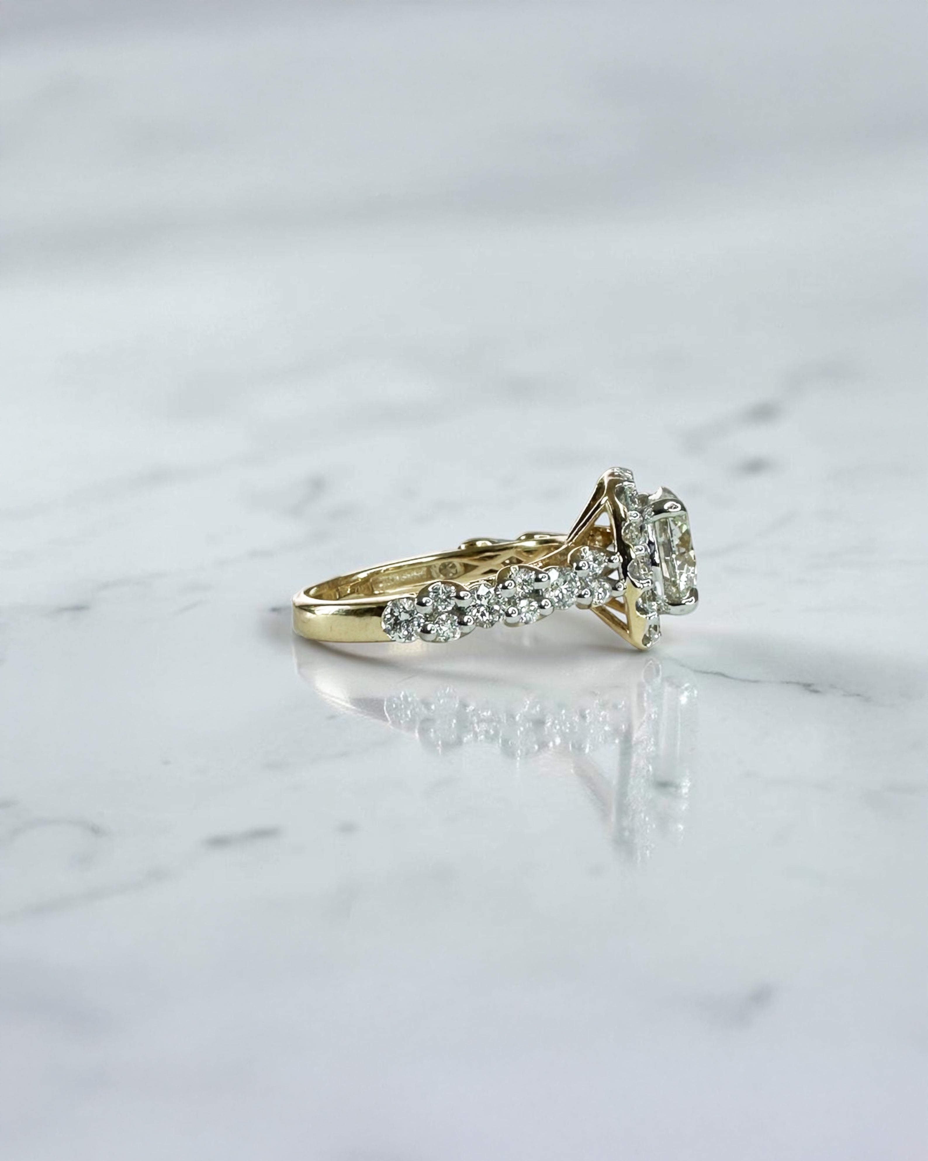 2ct round halo lab grown diamond engagement ring with diamond halo, fancy diamond shoulders and 3ct total diamond weight in 9ct yellow or white gold.