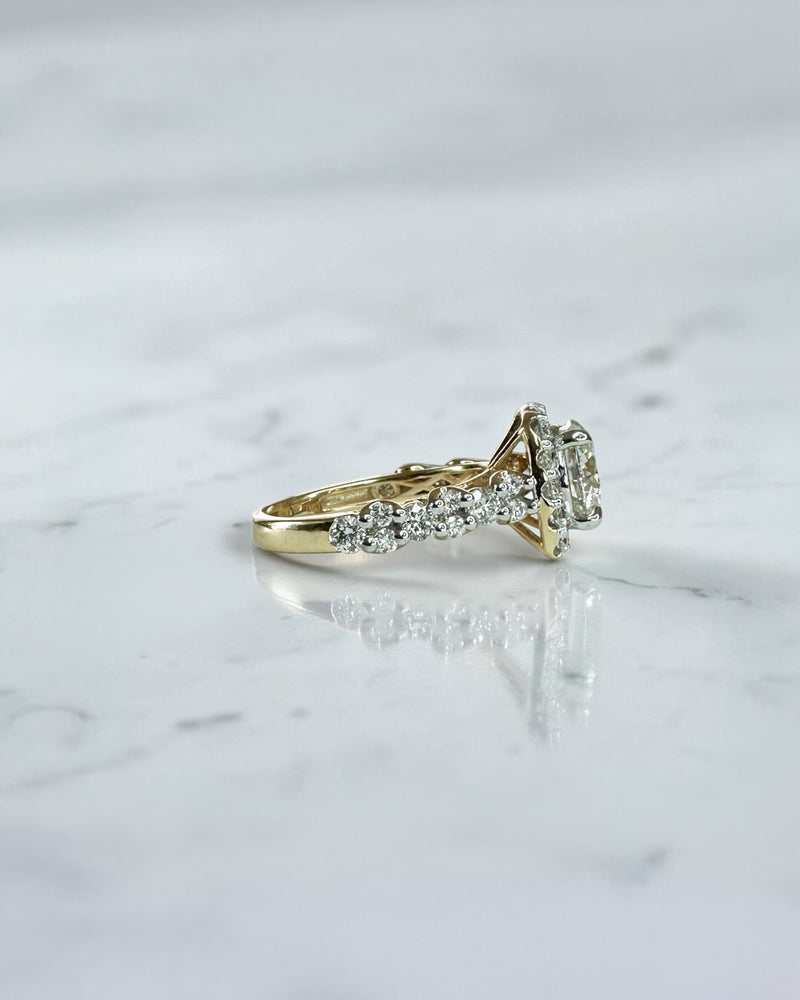 2ct round halo lab grown diamond engagement ring with diamond halo, fancy diamond shoulders and 3ct total diamond weight in 9ct yellow or white gold.