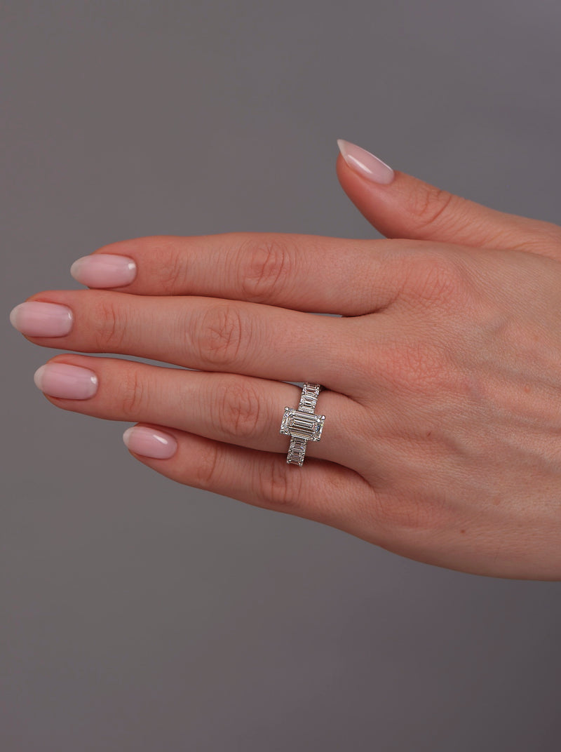 3.40ct Emerald Cut Fancy Band lab grown diamond engagement rings.