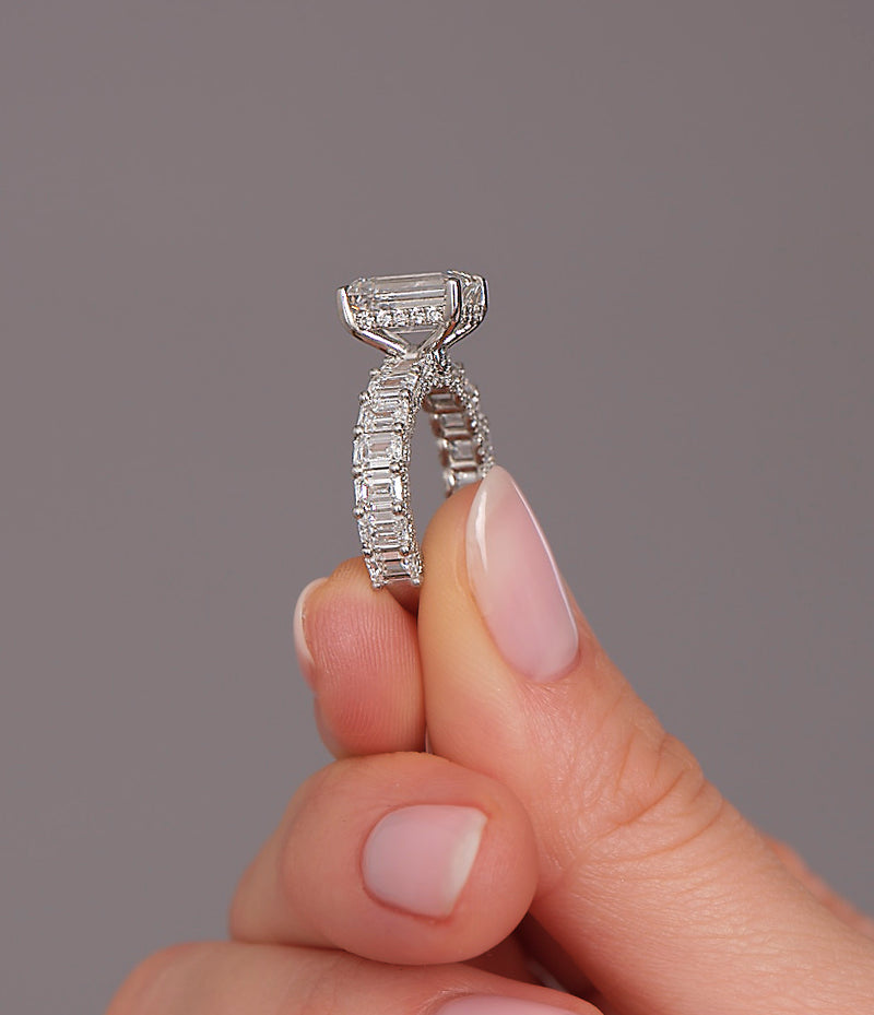 3.40ct Emerald Cut Fancy Band lab grown diamond engagement rings.