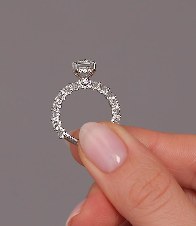 3.40ct Emerald Cut Fancy Band lab grown diamond engagement rings.